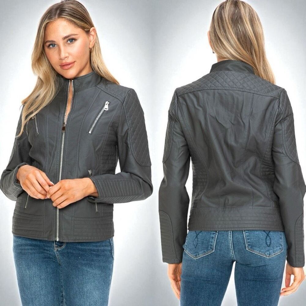 Charcoal Gray Faux Leather Zip Up Mock Neck Jacket XL NWT - Snobbish - Picture 3 of 16